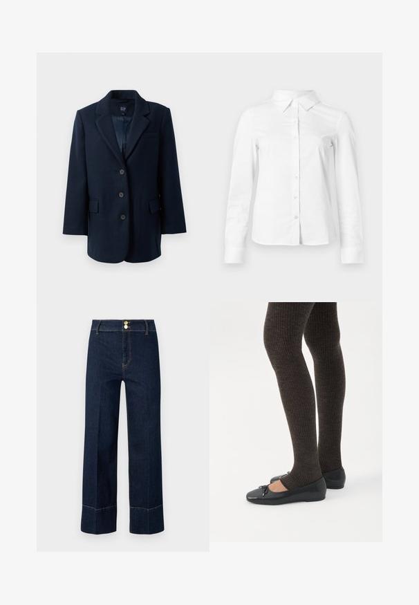 Navyblauwe enkelvoudige blazer met notch-lapels, drie knopen, twee klepzakken en één borstzak, gevoerd aan de binnenkant.; Witte blouse met lange mouwen en knopen, met puntige kraag, rechte zoom en aansluitende silhouet, weergegeven op een effen lichte achtergrond.; Donkerblauwe hoge taille wijde jeans met dubbele gouden knopen en zichtbare oranje stiksels op een lichte achtergrond.; Benen met donkere geribbelde leggings gecombineerd met zwarte ballerina's met kleine strikdetails op een witte achtergrond.