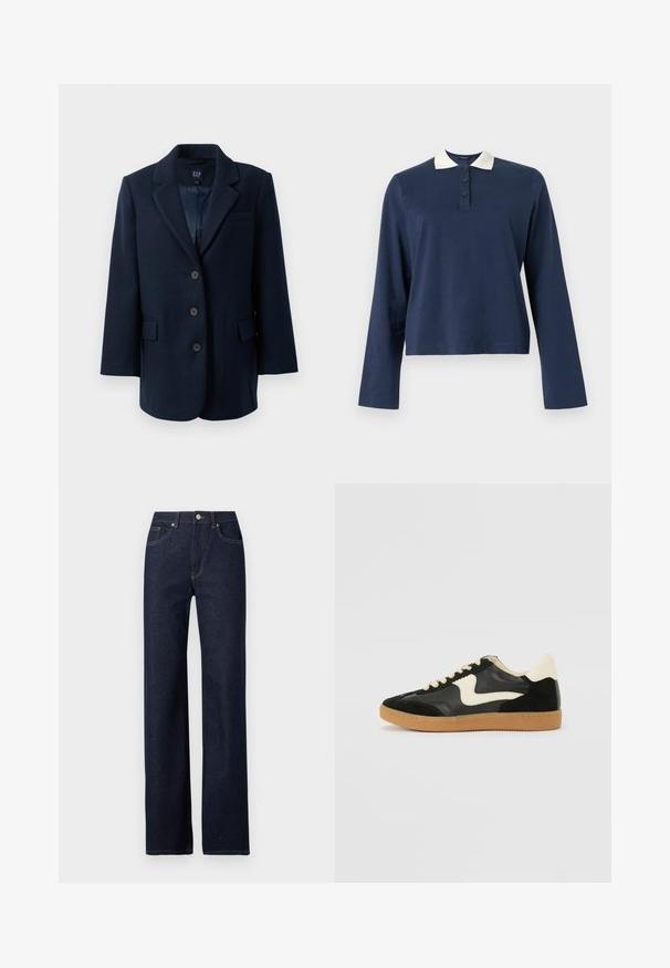 Navyblauwe enkelvoudige blazer met notch-lapels, drie knopen, twee klepzakken en één borstzak, gevoerd aan de binnenkant.; Marineblauw poloshirt met lange mouwen, witte kraag en een placket met drie knopen, weergegeven op een effen achtergrond.; Donkerblauwe denim jeans met een rechte pijp, klassieke vijf-pocketstijl, zichtbare stiksels en een knoopsluiting aan de voorkant.; Zwarte suède en leren sneaker met een crèmekleurige zij-swoosh en lichte crèmekleurige hiel. Voorzien van beige veters en een gumrubberen zool.