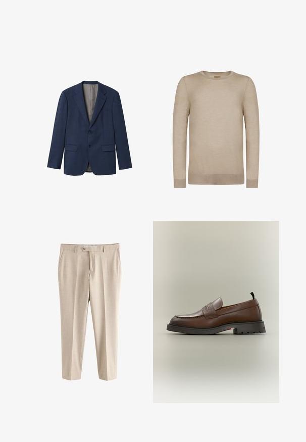 Marineblå blazer lavet af tekstureret stof, med slag, to knapper, to forlommer og en lysfarvet inderforing.; Beige langærmet crewneck-trøje med ribstrikkede manchetter og kant, sømløst design og blødt strikket stof.; Beige formelle bukser med bæltestropper, sidelommer, knaplukning og lynlås, vist mod en hvid baggrund.; Brun læder loafer med tekstureret rem, tyk sort sål og lille stofskydel ved hælen på en neutral baggrund.
