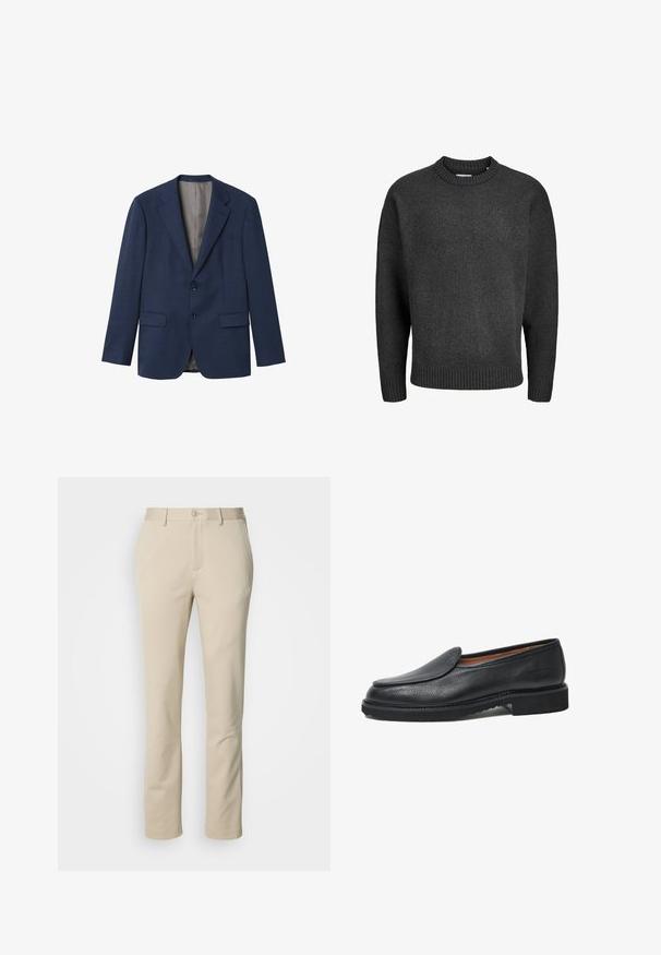 Marineblå blazer lavet af tekstureret stof, med slag, to knapper, to forlommer og en lysfarvet inderforing.; Mørkegrå strikket crewneck-sweater med lange ærmer og ribstrikkede manchetter, kant og halsudskæring.; Beige bomuldsbukser med lige ben-design, knaplukning og flad front. Materialet har en glat tekstur og minimal detaljering.; Sorte læder slip-on sko med tekstureret overflade, rund tå og flad gummi sål. Simpelt design med minimale accenter og syning detaljer.