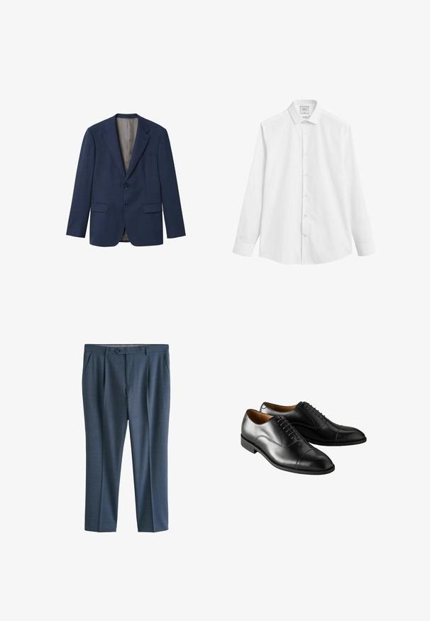Marineblå blazer lavet af tekstureret stof, med slag, to knapper, to forlommer og en lysfarvet inderforing.; Hvid slim-fit skjorte med button-down krave, lange ærmer og en glat tekstur. Har en række knapper og minimal branding.; Mørkeblå skræddersyede bukser med sidelommer, knaplukning og fladt forstykke.; Sorte læder dress sko med en glat overflade, rund tå og dekorativ snørering. Har en lav hæl og kontrasterende syninger langs sålen.