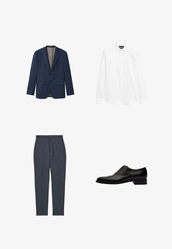 Marineblå blazer lavet af tekstureret stof, med slag, to knapper, to forlommer og en lysfarvet inderforing.; Hvid skjorte med button-down krave, lange ærmer og front knaplukning. Stoffet fremstår glat med en let glans.; Mørkegrå skræddersyede bukser med sidelommer og knappede justerbare talje-stropper, smal lige ben pasform.; Sort læder snøresko med rund tå, kap-tå detalje og en lav blokhæl. Glat tekstur med subtile syninger.