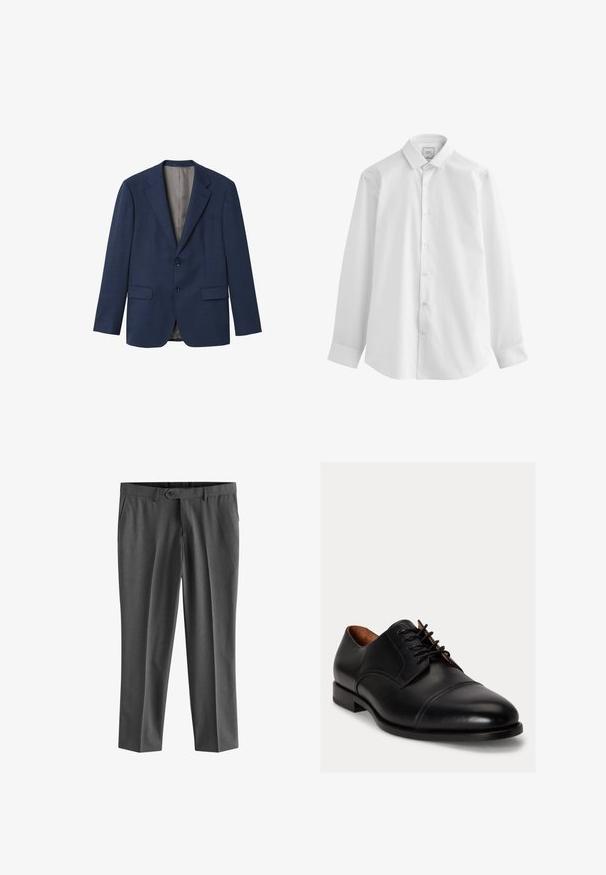 Marineblå blazer lavet af tekstureret stof, med slag, to knapper, to forlommer og en lysfarvet inderforing.; Next EASY CARE SLIM FIT SINGLE CUFF - Skjorter - white; Next REGULAR FIT - Habitbukser - charcoal grey; Sort herresko i læder med lukket snøring, kapå og lav hæl på ensartet lys baggrund.