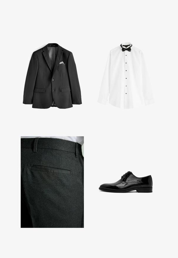 Veston noir en tissu lisse. Présente des revers à cran, deux poches frontales et un intérieur doublé de satin avec un pochette.; Chemise blanche à manches longues avec des boutons noirs et un nœud papillon noir pré-noué sur fond blanc.; Pantalon en tissu noir texturé avec une taille lisse, doté d'une poche arrière unique avec un bord en tissu assorti.; Chaussure habillée pour homme en cuir verni noir avec fermeture à lacets et petit talon empilé, vue de côté sur fond blanc.