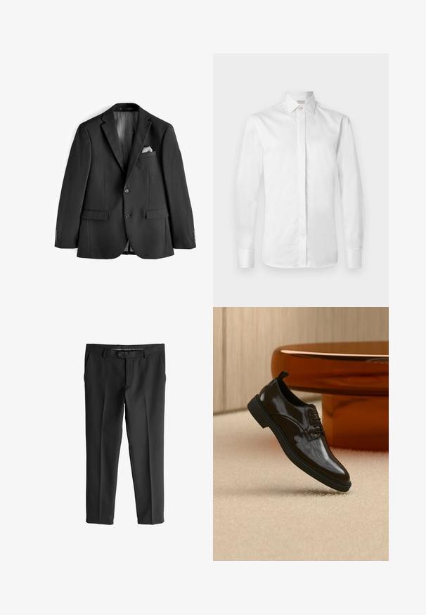 Veston noir en tissu lisse. Présente des revers à cran, deux poches frontales et un intérieur doublé de satin avec un pochette.; Chemise blanche à manches longues en coton lisse avec un col pointu, une patte de boutonnage et des poignets boutonnés, présentant un design net et épuré.; Next SKINNY FIT TEXTURED - Pantalon de costume - black; Chaussure habillée noire brillante en cuir à lacets flottant au-dessus d'un tapis beige avec une table ronde marron brillante en arrière-plan.