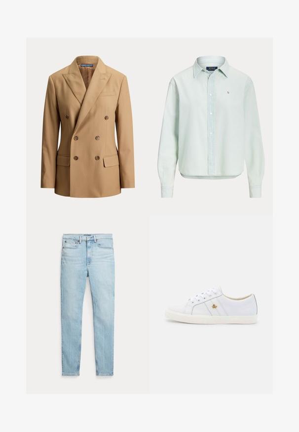 Beige dubbelgeknoopte blazer met spitse revers, zes bruine knopen, twee klepzakken aan de voorkant en een borstbelegzak.; Lichtblauw overhemd met lange mouwen, knopen en kraag, met klein geborduurd Polo Ralph Lauren-logo op de borst en zichtbare witte knopen aan de voorkant.; Lichtblauwe hooggetailleerde skinny jeans met vijf zakken en een knoopsluiting op een effen witte achtergrond.; Lauren Ralph Lauren JANSON II ACTION LEATHER SNEAKER - Sneakers laag - real white