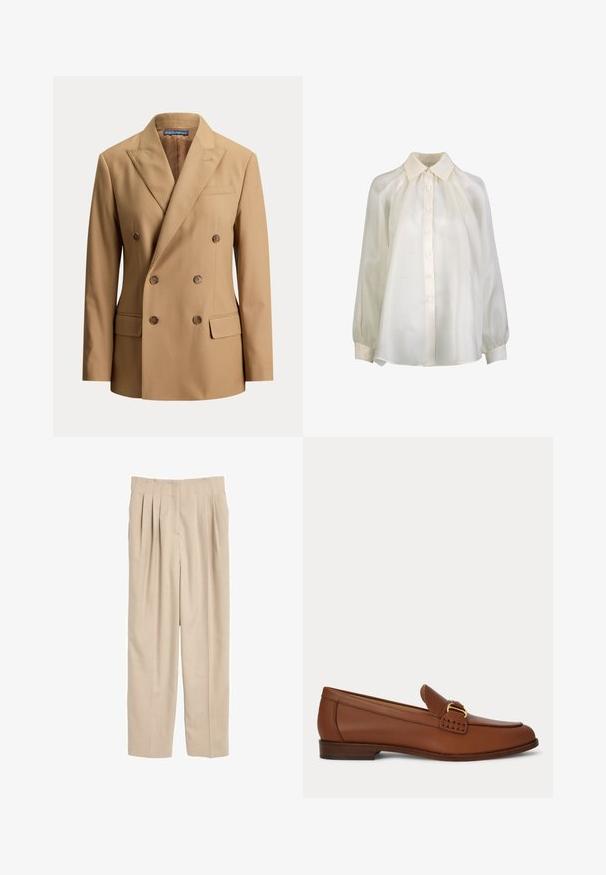 Blazer beige cruzado con solapas puntiagudas, seis botones marrones, dos bolsillos delanteros con solapa y un bolsillo de ojal en el pecho.; Blusa de manga larga color crema con cierre de botones en la parte delantera, cuello puntiagudo, hombros fruncidos y mangas con puños.; Pantalones de tela ligera, plisados y en color beige. Presentan un corte recto, cinturilla con detalle de costura y sin bolsillos visibles.; Mocasín de cuero marrón con detalle de hebilla dorada y tacón bajo de madera, mostrado de lado sobre un fondo sencillo.