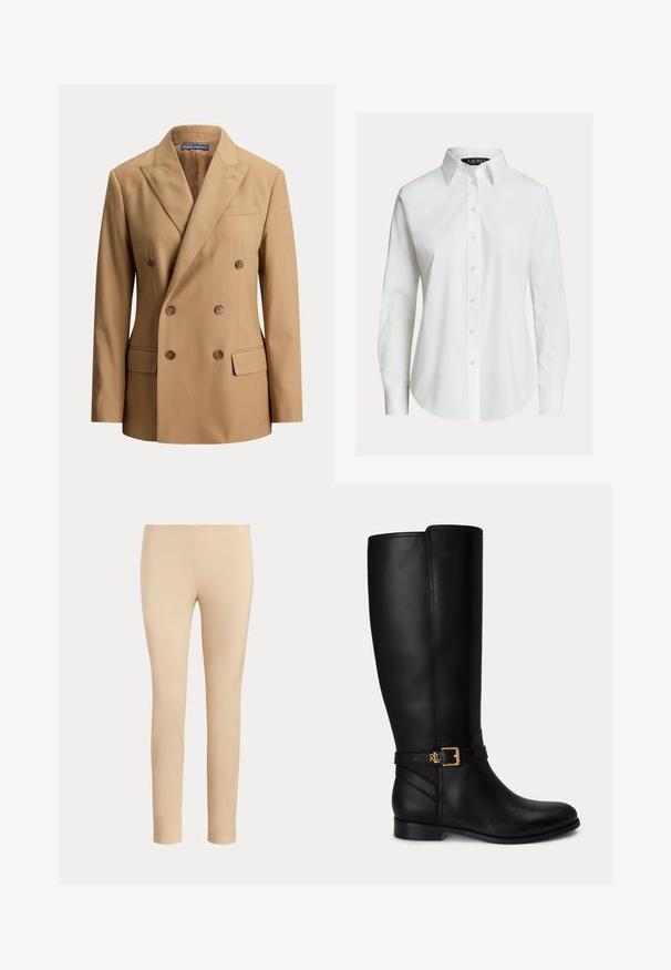 Blazer beige cruzado con solapas puntiagudas, seis botones marrones, dos bolsillos delanteros con solapa y un bolsillo de ojal en el pecho.; Camisa blanca de manga larga con botones en el frente, cuello puntiagudo y dobladillo ligeramente curvado.; Pantalones beige ajustados hasta el tobillo con un acabado liso y sin bolsillos visibles ni adornos sobre un fondo liso.; Bota negra de cuero hasta la rodilla con tacón bajo, hebilla dorada y pequeño logo en relieve en la correa lateral.