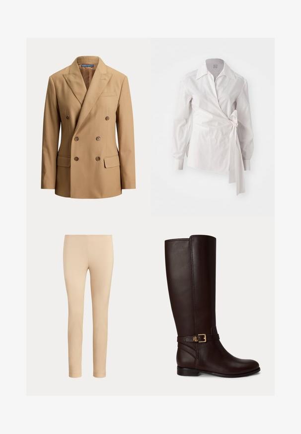 Beige dubbelgeknoopte blazer met spitse revers, zes bruine knopen, twee klepzakken aan de voorkant en een borstbelegzak.; Witte langmouwige wikkelblouse met een klassieke kraag en een zij knoopdetail op een effen achtergrond.; Beige slim-fit enkellange broek met een gladde afwerking en zonder zichtbare zakken of versieringen op een effen achtergrond.; Donkerbruine leren kokerlaars met een kleine gouden gesp en het "RL"-logo op de band om de enkel.