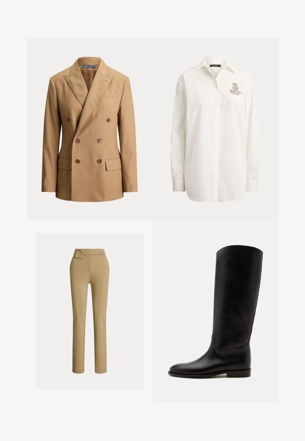 Blazer beige croisé avec revers crantés, six boutons marron, deux poches avant à rabat et une poche poitrine passepoilée.; Chemise blanche à manches longues avec boutons, col pointu et petit emblème décoratif sur la poitrine gauche de Lauren Ralph Lauren.; Pantalons beiges ajustés avec une texture lisse, taille haute, deux boutons décoratifs et une poche arrière. Design à jambe droite.; Botte haute en cuir noir avec semelle plate et bout arrondi, vue de côté sur fond clair.