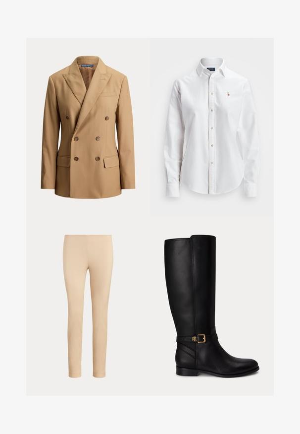 Beige dubbelgeknoopte blazer met spitse revers, zes bruine knopen, twee klepzakken aan de voorkant en een borstbelegzak.; Witte, lange mouwen, button-up overhemd van katoen, met een klassieke kraag en een klein geborduurd logo op de borst.; Beige slim-fit enkellange broek met een gladde afwerking en zonder zichtbare zakken of versieringen op een effen achtergrond.; Zwarte kniehoge leren laars met lage hak, gouden gesp en klein reliëflogo op de zijriem.