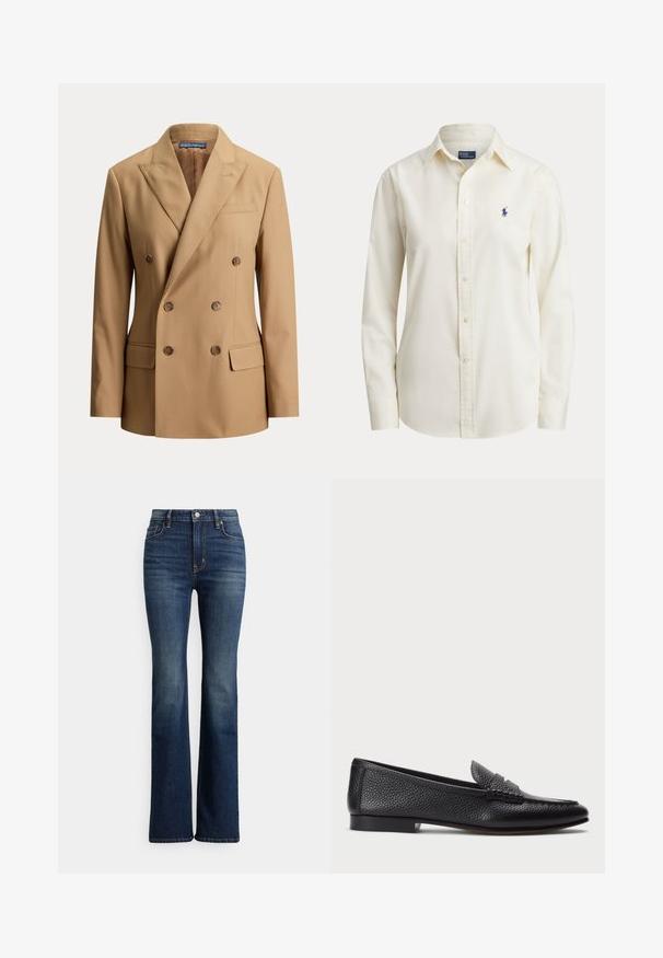 Blazer beige cruzado con solapas puntiagudas, seis botones marrones, dos bolsillos delanteros con solapa y un bolsillo de ojal en el pecho.; Camisa de manga larga color crema con botones, cuello y pequeño logotipo de caballo bordado en azul marino en el lado izquierdo del pecho.; Vaqueros acampanados de tiro alto en azul oscuro con botón frontal y bolsillos, con un ligero desgaste en los muslos y las zonas de las rodillas, mostrados sobre un fondo blanco.; Mocasin de cuero negro con acabado texturizado, que cuenta con una correa decorativa y tacón plano. Diseño elegante y minimalista con punta redondeada.