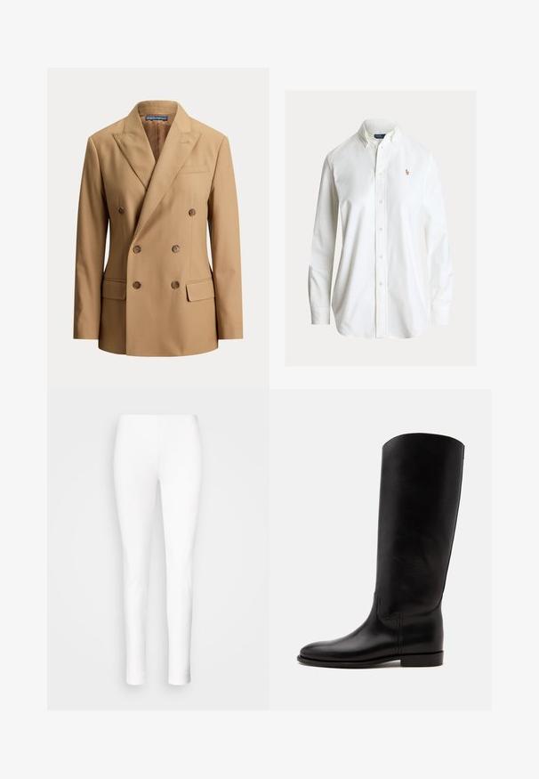 Blazer beige croisé avec revers crantés, six boutons marron, deux poches avant à rabat et une poche poitrine passepoilée.; Chemise blanche à manches longues avec boutons, col boutonné et petit logo brodé de joueur de polo sur la poitrine gauche.; Leggings blancs en matériau extensible. Conception ajustée avec une texture lisse, s'affinant aux chevilles sans fermetures visibles ni embellissements.; Botte haute en cuir noir avec semelle plate et bout arrondi, vue de côté sur fond clair.
