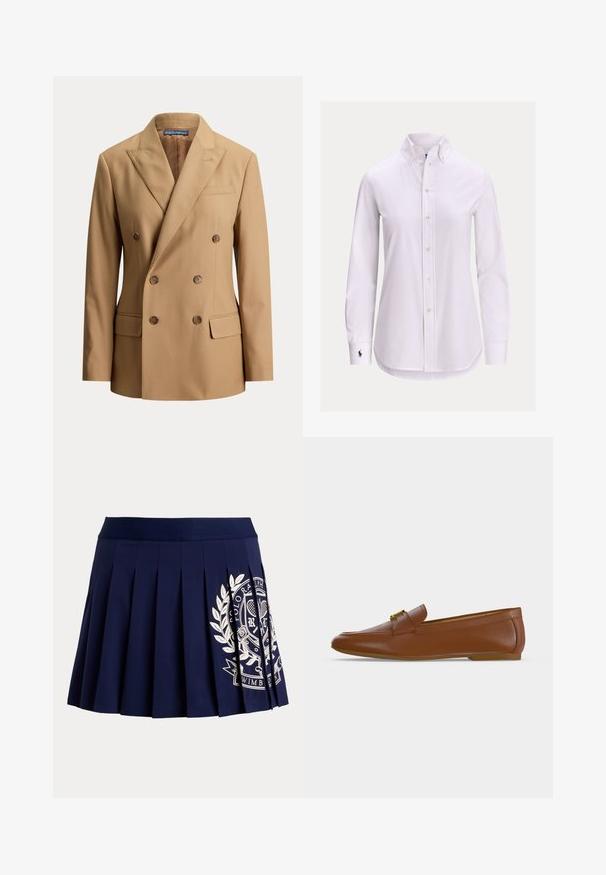 Blazer beige croisé avec revers crantés, six boutons marron, deux poches avant à rabat et une poche poitrine passepoilée.; Chemise blanche à manches longues avec col boutonné et petit logo brodé sur le poignet gauche.; Jupe plissée bleu marine avec une large ceinture et un logo blanc à thème tennis sur le bas à droite.; Mocassin en cuir marron avec une boucle dorée et un petit talon plat, vu de profil sur un fond clair uni.