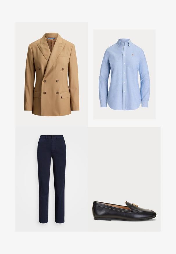 Blazer beige croisé avec revers crantés, six boutons marron, deux poches avant à rabat et une poche poitrine passepoilée.; Chemise bleu clair à manches longues avec boutons, col boutonné et petit logo brodé sur la poitrine gauche.; Lauren Ralph Lauren SLIM FIT STRETCH CHINO PANT - Chino - navy; Lauren Ralph Lauren AVERI III BURNISHED LEATHER LOAFER - Chaussons - black