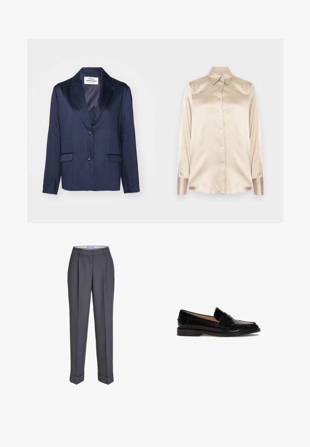 Blazer navy en tissu lisse avec un revers cranté, fermeture à bouton simple et deux poches avant. Présente un design simple et épuré.; Chemise en satin beige avec un col pointu, des manches longues, une fermeture par boutons et des poignets à la finition légèrement plus brillante. Pas de motifs ni d'accents.; Pantalons sur mesure gris foncé avec une coupe droite, un devant plissé et des revers. Fabriqués en tissu lisse, avec une taille classique.; Mocassins en cuir noir avec une finition lisse, à bout rond, et une sangle décorative sur le devant. Design à faible talon carré.