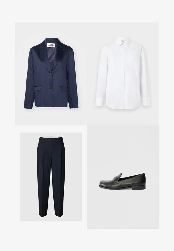 Blazer navy en tissu lisse avec un revers cranté, fermeture à bouton simple et deux poches avant. Présente un design simple et épuré.; Chemise blanche à manches longues en tissu lisse, avec un devant boutonné, un col classique et un ourlet arrondi avec des poignets boutonnés.; Pantalon formel noir taillé sur mesure avec pli devant et passants de ceinture, présenté sur un fond clair neutre.; Mocassins en cuir noir avec un bout arrondi, des détails de couture surélevés et un talon bas empilé. Texture lisse avec un éclat subtil.