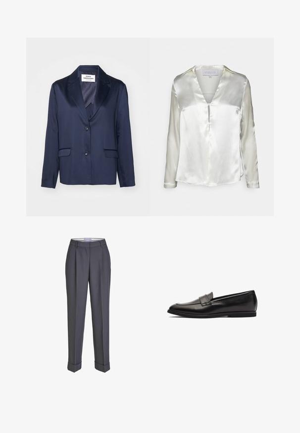 Blazer navy en tissu lisse avec un revers cranté, fermeture à bouton simple et deux poches avant. Présente un design simple et épuré.; STUDIO ID ALYSSA - Blouse - champagne; Pantalons sur mesure gris foncé avec une coupe droite, un devant plissé et des revers. Fabriqués en tissu lisse, avec une taille classique.; Mocassin en cuir noir avec une finition lisse, un bout arrondi et des accents en double couture sur le dessus. Semelle en caoutchouc plate pour plus de confort.