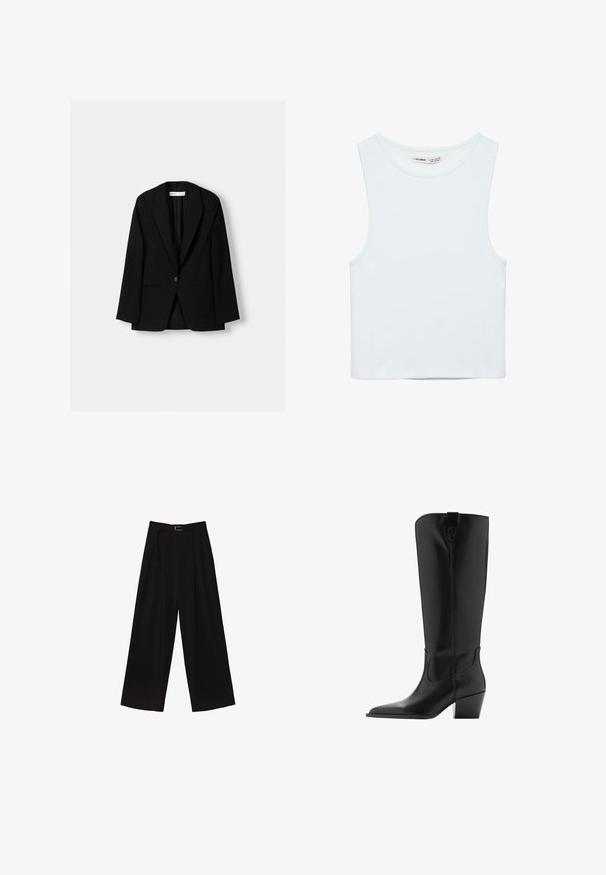 Sort blazer lavet af et glat stof. Har en enkel knaplukning, klippede reverser og to for- lommer med flade sømme.; Hvid ærmeløs crop top med rund halsudskæring, lavet af glat stof, mærket Pull&Bear, egnet til afslappet brug.; Sorte brede bukser med høj talje, der har et bælte i taljen og plisseringer for tekstur. Fremstillet af et glat, letvægtsstof.; Høj sort læderstøvle med spids tå og mellemhøj vinklet hæl, med en træklap øverst på skaftet.