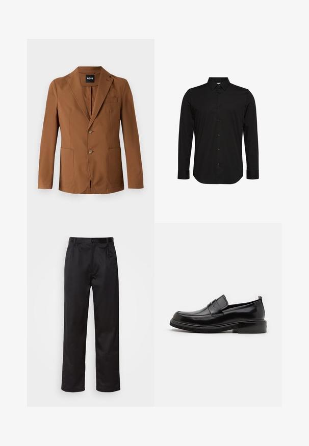 Blazer marrón hecho de una tela suave, que presenta un pico en la solapa, dos bolsillos frontales, dos botones y un bolsillo en el pecho.; Camisa negra de manga larga hecha de tela suave, con un cuello puntiagudo, cierre frontal con botones y un pequeño logo en el pecho.; Pantalones negros de tela suave, con cierre delantero de botón, pliegues y patas rectas. Sin patrones ni acentos visibles.; Calvin Klein MOCCASIN - Mocasines elegantes - black