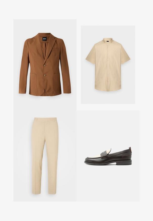 Blazer marrón hecho de una tela suave, que presenta un pico en la solapa, dos bolsillos frontales, dos botones y un bolsillo en el pecho.; Camisa beige de manga corta con botones, cuello mandarín y sutil logo "BOSS" en el pecho izquierdo.; Pantalones de color beige ajustados con un diseño de pierna recta, elaborados en una tela ligera, que presentan dos bolsillos frontales y pliegues bien planchados.; Mocasín para hombre de cuero marrón oscuro con panel de tela crema y detalle clásico de correa cosida, suela plana y asa en el talón.