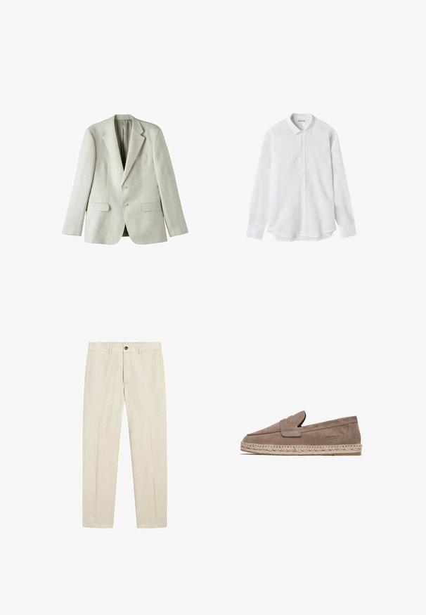 Lys grå linned blazer med enkeltstående design, to frontlommer og to knapper. Har udsvingede revers og en glat tekstur.; Hvid langærmet skjorte med knapper lavet af letvægtsstof. Har en klassisk krave, fuld frontlukning og rundet kant.; Beige linnedbukser med knap- og lynlås, sidelommer, bæltestropper og lige ben.; FRED MARTIN COLLECTION MARBELLA - Espadrilles - taupe suede