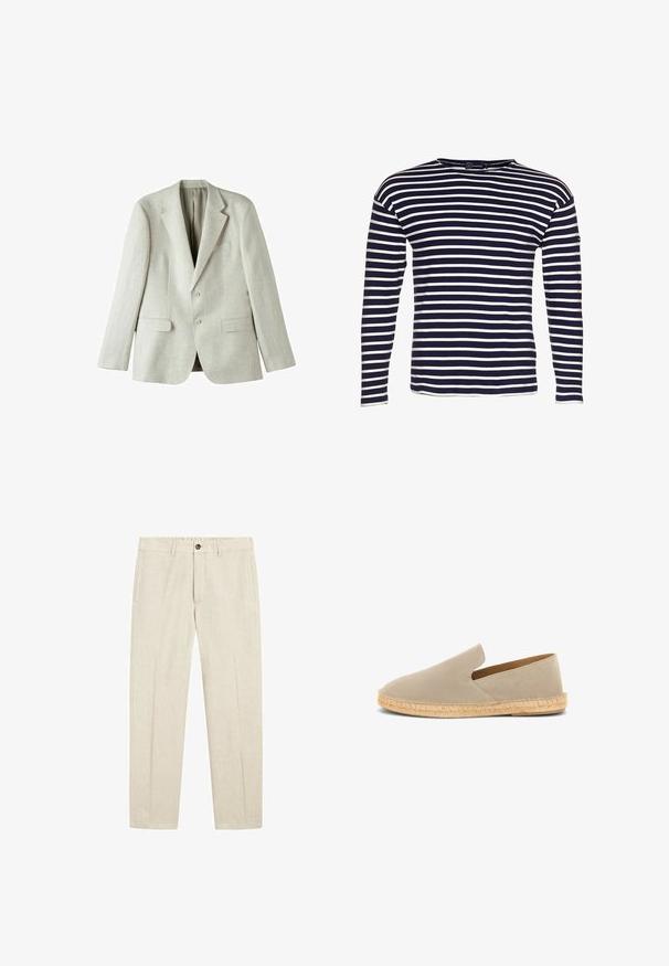 Lys grå linned blazer med enkeltstående design, to frontlommer og to knapper. Har udsvingede revers og en glat tekstur.; Armor lux LOCTUDY MARINIÈRE - Langærmet T-shirt - navire/nature; Beige linnedbukser med knap- og lynlås, sidelommer, bæltestropper og lige ben.; Beige ruskind espadrille med elastisk skaft, jutesnoet sål og lav hæl, set fra siden på hvid baggrund.