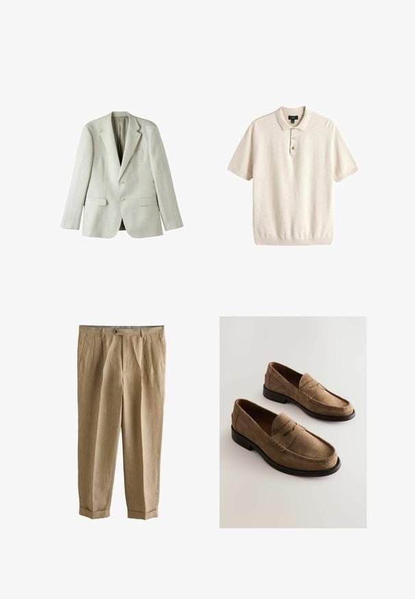 Lys grå linned blazer med enkeltstående design, to frontlommer og to knapper. Har udsvingede revers og en glat tekstur.; Kortærmet beige polo-shirt med krave og tre knapper foran, medium størrelse, lavet af blødt strikstof.; Beige plisserede bukser med sidelommer, lukning med knapper, manchetter og en skræddersyet pasform.; Brune ruskinds loafers med en mokkasin-design, syet detaljer og en glat lædersål. Har en diskret hævet søm over vristen.