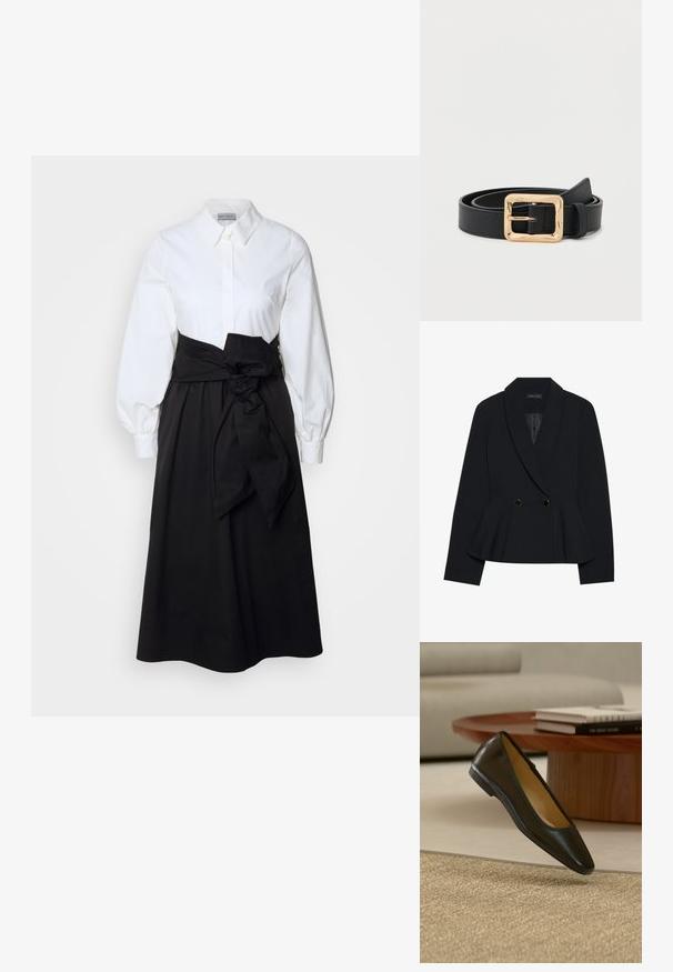 Sort skræddersyet blazer med peplumdesign, der har en hakket revers, to dobbelte knapper i guldfarve og en glat tekstur.; Hvid skjorte med lange pufærmer, parret med en sort nederdel og et stoffsnor bundet om taljen, lavet af glat bomuldsstof.; Sort flad lædersko med afrundet firkantet tå på et beige vævet tæppe, med et træsofabord og stablede bøger i baggrunden.; Sort læderbælte med en skinnende guld firkantet spænde, rullet pænt op på en ensfarvet hvid baggrund.