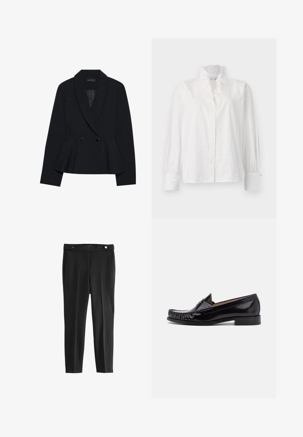 Blazer noir ajusté avec un design à basque, doté d'un col à revers cranté, de deux boutons doubles dorés et d'une texture lisse.; Chemisier blanc en coton avec un col volanté, des manches longues bouffantes et un devant boutonné orné de boutons ressemblant à des perles.; Pantalons noirs ajustés avec une texture lisse, dotés de deux poches avant et d'une ceinture avec deux boutons noirs ronds.; Mocassin en cuir noir avec une finition brillante, présentant des franges à l'avant et un petit talon empilé.