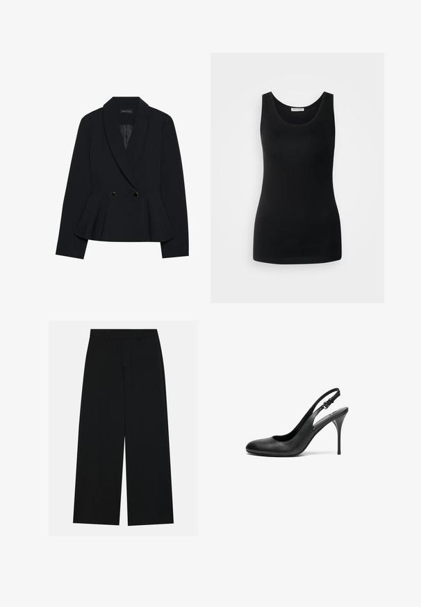 Blazer noir ajusté avec un design à basque, doté d'un col à revers cranté, de deux boutons doubles dorés et d'une texture lisse.; Débardeur noir sans manches, en tissu lisse, avec un col rond classique et une coupe ajustée. Pas de motifs ni d'accents.; Pantalons noirs à jambe large en tissu lisse. Dotés d'une taille plate avec passants de ceinture et sans poches visibles. Design simple.; Escarpin slingback en cuir noir avec un bout pointu, un talon aiguille fin et une sangle ajustable. Texture lisse et design minimaliste.