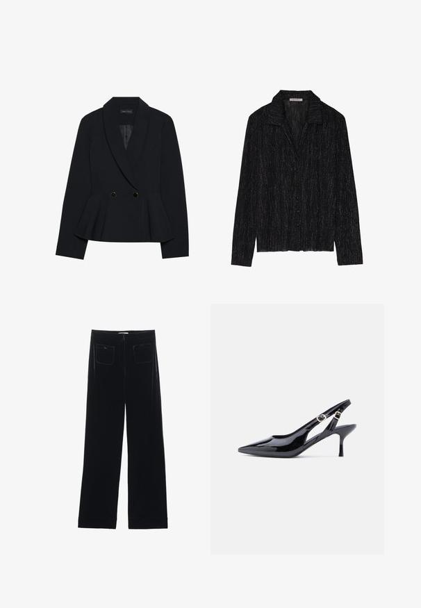Blazer noir ajusté avec un design à basque, doté d'un col à revers cranté, de deux boutons doubles dorés et d'une texture lisse.; Veste noire à manches longues avec une surface texturée et scintillante. Elle présente un col et une fermeture à boutons sur le devant.; Pantalons larges en velours noir avec deux poches arrière et une texture lisse, présentant une coupe droite et une finition ourlée aux chevilles.; Escarpin slingback en cuir verni noir avec bout pointu, bride à boucle réglable et talon haut et fin. Présente une découpe latérale ouverte.