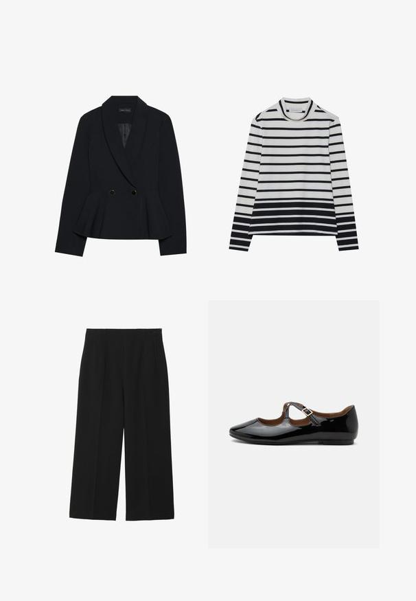 Sort skræddersyet blazer med peplumdesign, der har en hakket revers, to dobbelte knapper i guldfarve og en glat tekstur.; Langærmet bluse lavet af bomuld, med vandrette sorte og hvide striber, en høj mock neck og en afslappet pasform med sidesplits.; Sorte breddebenede bukser lavet af glat stof, med to forlommer, flad front og lynlås lukning på siden.; Sort laklæder Mary Jane-flad sko med to udskæringer og en guldbuckelrem på hvid baggrund.