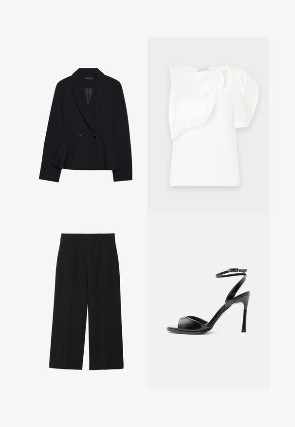 Schwarzer maßgeschneiderter Blazer mit Peplum-Design, ausgestattet mit einem Reverskragen, zwei doppelt goldfarbenen Knöpfen und einer glatten Textur.; Weißes ärmelloses Top mit asymmetrischem, geschichtetem Stoffdetail und gerafftem Puff auf einer Schulter, flach ausgelegt auf weißem Hintergrund.; Schwarze, weit geschnittene Hosen aus glattem Stoff, mit zwei Vordertaschen, flachem Bund und einem Reißverschluss an der Seite.; Schwarze Sandalette mit hohem Absatz, offenem Zehenbereich, schlankem Stiletto-Absatz und Knöchelriemen mit Schnalle vor weißem Hintergrund.