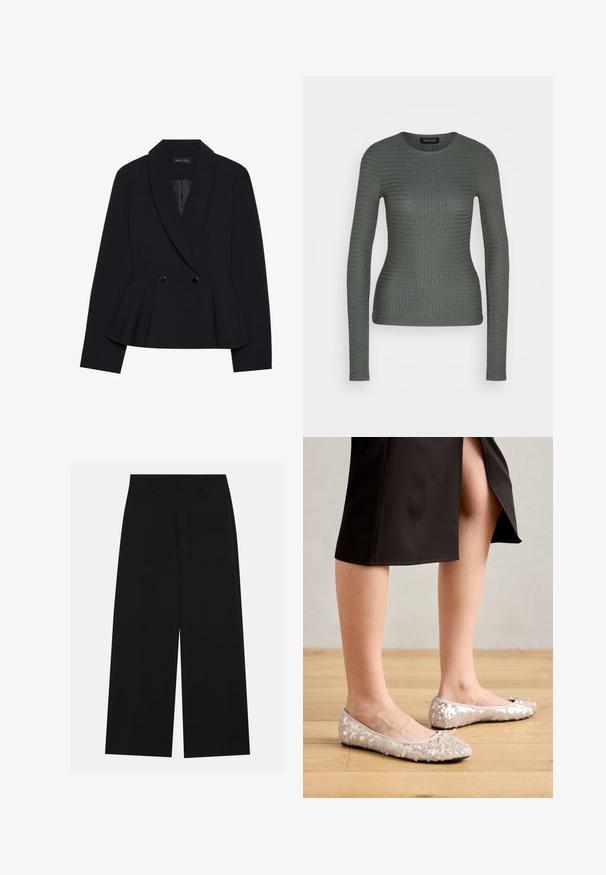 Schwarzer maßgeschneiderter Blazer mit Peplum-Design, ausgestattet mit einem Reverskragen, zwei doppelt goldfarbenen Knöpfen und einer glatten Textur.; Langärmliges Oberteil mit Rundhalsausschnitt in dunkelgrün, aus strukturiertem Stoff mit geripptem Muster. Enganliegende Form, dezentes Design und keine sichtbaren Hardwareelemente.; Schwarzweite Hosen mit weitem Bein aus glattem Stoff. Besitzt einen flachen Bund mit Gürtelschlaufen und ohne sichtbare Taschen. Schlichtes Design.; Beige Glitzer-Ballerinas mit runder Zehenform und Schleifenakzent, kombiniert mit einem schwarzen Rock, auf einem Holzboden präsentiert.