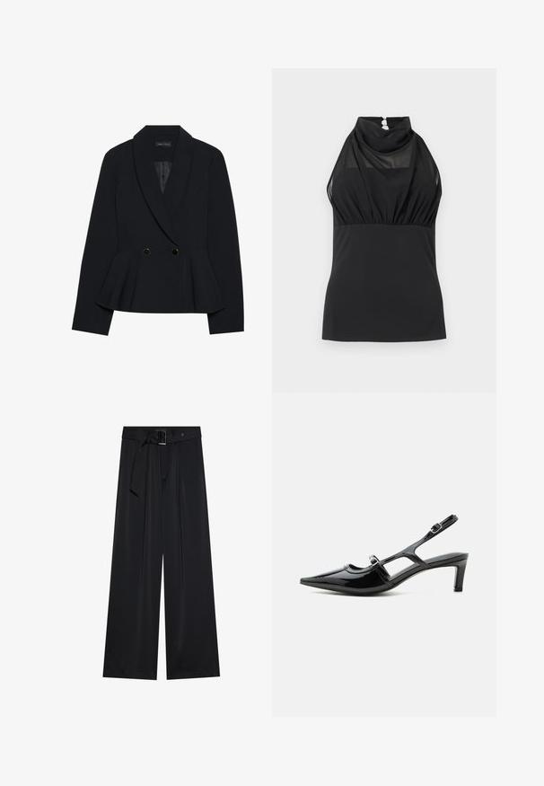 Blazer noir ajusté avec un design à basque, doté d'un col à revers cranté, de deux boutons doubles dorés et d'une texture lisse.; Haut noir sans manches à col halter avec une partie supérieure en mesh transparent et un col haut froncé, cintré à la taille.; Pantalons larges noirs en tissu lisse, dotés d'une taille haute avec une ceinture et un détail de boucle, et des plis avant prononcés.; Chaussure slingback en cuir verni noir à bout pointu, petit talon et deux brides réglables avec boucles, vue de profil latéral.