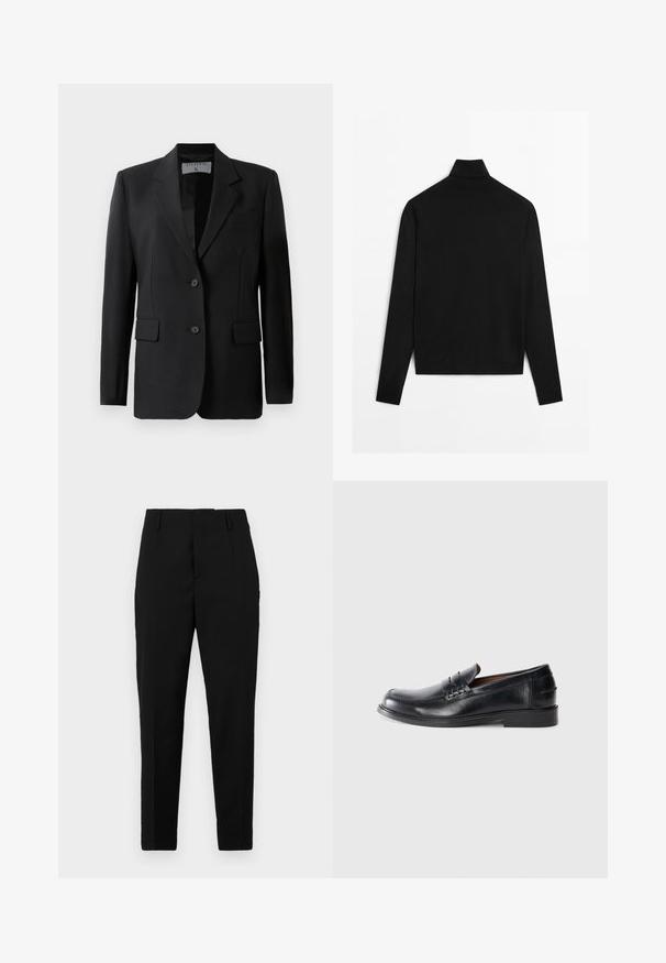 Sort blazer med skræddersyet design, færdiggjort med to knapper, notch-lapel og klaplommer, lavet af et glat stof.; Sort langærmet rullekravetrøje lagt fladt, vist bagfra på hvid baggrund.; Sorte bukser med en skræddersyet pasform, der har sidelommer, en glat tekstur og et strømlinet design, der bliver smalere mod anklerne.; Sorte læder loafers med en rund tå, syninger og en lav blokhælhæl. Glat tekstur med en subtil glans.