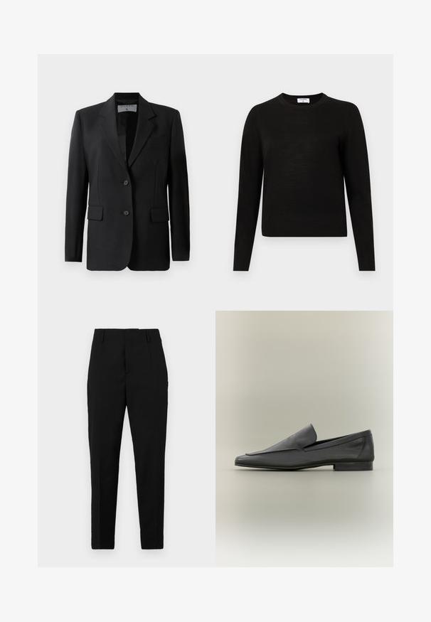 Blazer noir avec un design ajusté, doté de deux boutons, de revers crantés et de poches à rabat, fabriqué à partir d'un tissu lisse.; Pull noir à manches longues avec un col rond, fabriqué en tissu tricoté doux, présentant un ourlet et des poignets côtelés pour un look ajusté.; Pantalons noirs avec une coupe ajustée, dotés de poches latérales, d'une texture lisse et d'un design épuré qui se resserre vers la cheville.; Mocassins en cuir noir avec une finition lisse, un bout pointu et un design minimaliste. Talon bas empilé et accents de couture subtils.