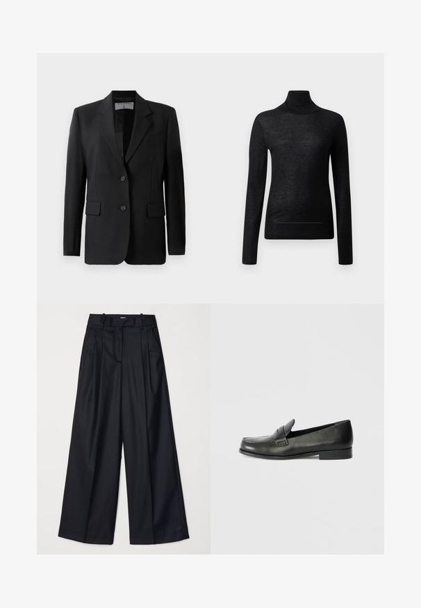 Sort blazer med skræddersyet design, færdiggjort med to knapper, notch-lapel og klaplommer, lavet af et glat stof.; Sort langærmet turtle neck top lavet af letvægtsstof, med en tætsiddende design og minimale sømdetaljer, velegnet til lagdeling.; Sorte breddebenede bukser lavet af glat stof, med høj talje, læg og skræddersyet design. Enkel sort hardware i talje.; Sorte læder loafers med en rund tå, forhøjede syningsdetaljer og en lav, stablet hæl. Glat tekstur med en subtil glans.