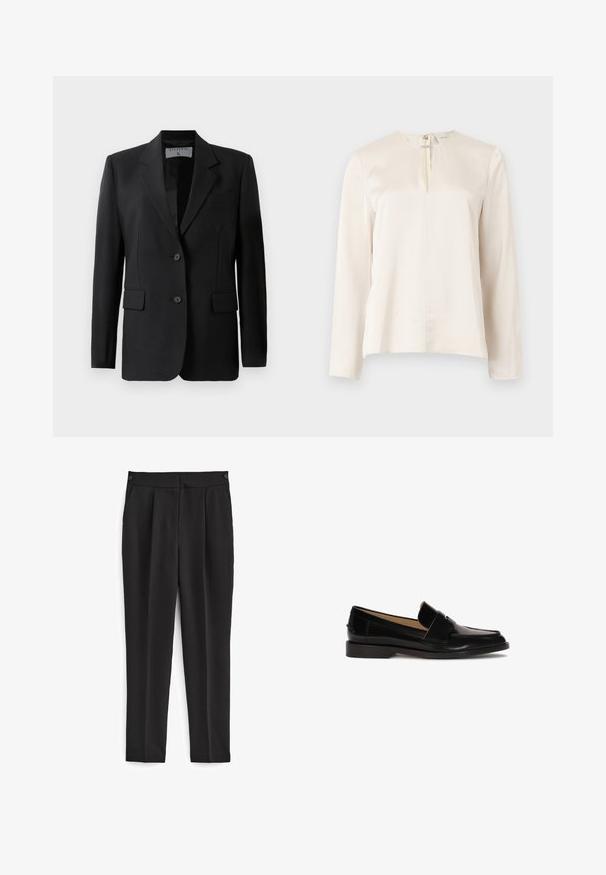 Sort blazer med skræddersyet design, færdiggjort med to knapper, notch-lapel og klaplommer, lavet af et glat stof.; Cremefarvet bluse med lange ærmer, rund halsudskæring, frontplissering og skjult lynlås bagpå. Glat, silkeblød tekstur.; Sorte bukser med skræddersyet pasform, med flad front, to sidelommer og et rent, sømløst design. Fremstillet af et glat, åndbart stof.; Sorte læder loafers med glat finish, afrundet tå og en dekorativ rem over fronten. Lav blokhælsdesign.