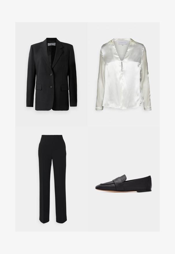 Sort blazer med skræddersyet design, færdiggjort med to knapper, notch-lapel og klaplommer, lavet af et glat stof.; STUDIO ID ALYSSA - Bluse - champagne; Sorte, lige bukser med en glat tekstur. Har en talje og ingen synlige mønstre eller accenter. Klassisk og skræddersyet design.; Sort læderflad loafer med spids tå, bred rem over fronten og lys brun sål, vist i profil på hvid baggrund.