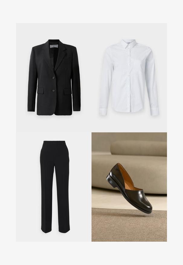 Blazer noir avec un design ajusté, doté de deux boutons, de revers crantés et de poches à rabat, fabriqué à partir d'un tissu lisse.; Chemise blanche à manches longues en coton, avec col, ouverture boutonnée à l'avant, et une poche poitrine unique. Texture lisse. Sans motifs.; Pantalons noirs à jambes droites avec une texture lisse. Dotés d'une taille et sans motifs ou accents visibles. Design classique et ajusté.; Chaussure en cuir noir sans lacets à petit talon flottant au-dessus d’un tapis beige texturé, canapé beige en arrière-plan.
