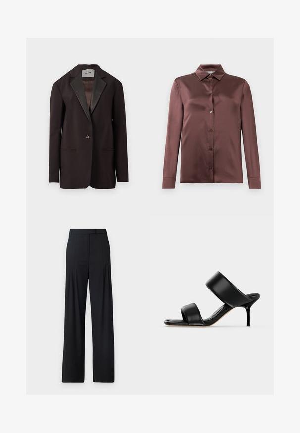 Sort blazer med satinrevers, der har to forlommer og en enkelt knaplukning. Skræddersyet design med en struktureret pasform.; Langærmet satin skjorte i dyb mauve med spids krave og frontknapper, lagt fladt mod en hvid baggrund.; Sorte bredde benbukser med flad front, folder og en skræddersyet talje. Lavet af glat, letvægtsstof.; Sort læder mule sandal med to brede remme og en slank mellemhøj stiletthæl på en ensartet lys baggrund.