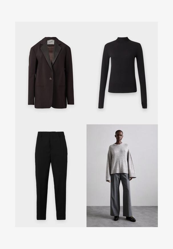 Sort blazer med satinrevers, der har to forlommer og en enkelt knaplukning. Skræddersyet design med en struktureret pasform.; Sort langærmet tætsiddende top med høj hals, vist på ensartet lysegrå baggrund.; Sorte bukser med en skræddersyet pasform, der har sidelommer, en glat tekstur og et strømlinet design, der bliver smalere mod anklerne.; Grå strikket sweater med brede ærmer og ribbet kant, parret med høj-taljede grå bukser med et subtilt ternet mønster og sorte loafers.