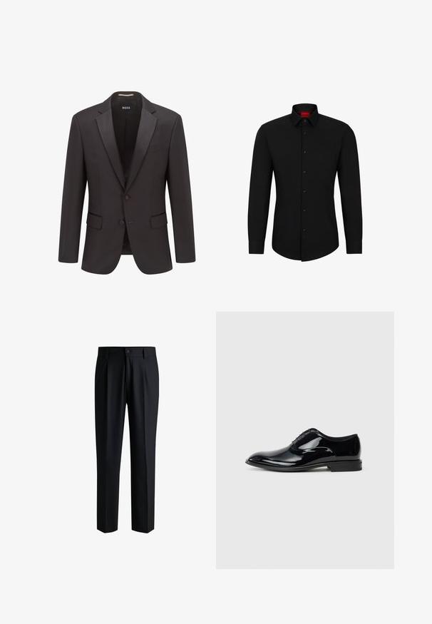Veste de smoking noire avec des revers en satin, fermeture à un bouton, deux poches avant et une texture subtile. Étiquette indique "BOSS."; Chemise noire à manches longues avec un devant boutonné, col classique et ourlet arrondi ; comporte des boutons noirs et un logo rouge à l'intérieur du col.; Pantalons noirs en tissu lisse, avec une coupe droite, des plis à l'avant et une fermeture à bouton avec passants de ceinture.; Chaussure habillée en cuir verni noir avec un design épuré, bout pointu et six œillets pour les lacets ; surface lisse et talon bas.