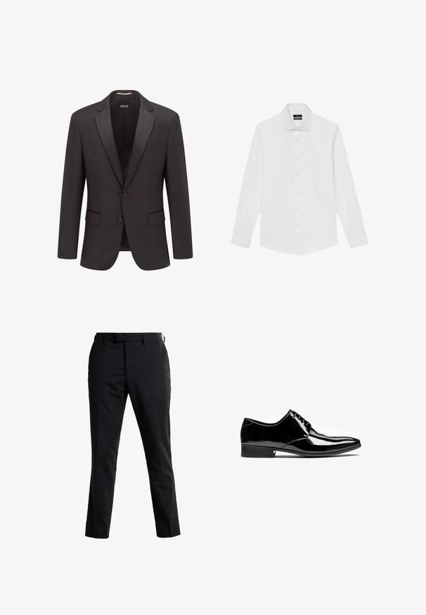 Veste de smoking noire avec des revers en satin, fermeture à un bouton, deux poches avant et une texture subtile. Étiquette indique "BOSS."; Chemise blanche homme à manches longues avec col classique et fermeture boutonnée sur le devant, présentée à plat sur fond blanc.; Pantalons noirs ajustés avec une coupe droite, fabriqués à partir d'un tissu lisse. Ils présentent un devant plat, des passants de ceinture et une coupe nette pour un aspect soigné.; Chaussure formelle noire en cuir brillant pour homme avec lacets, bout pointu et petit talon empilé sur fond blanc.