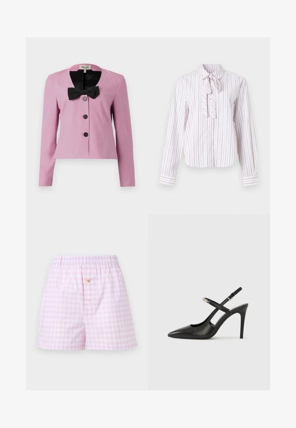 Lyserød cropped jakke med lange ærmer, sort sløjfe-detalje ved kraven og tre sorte knapper. Glat stof med en skræddersyet pasform.; Langærmet skjorte i hvid med pink lodrette striber, med en sløjfe-krave, knaplukning og struktureret pasform.; Lyserøde og hvide ternede shorts med elastisk talje og to forreste knapper, en guldfarvet og en hvid.; Sorte læder slingback-højhæle med spids tå, udskåret design og justerbar rem med metalhardware.