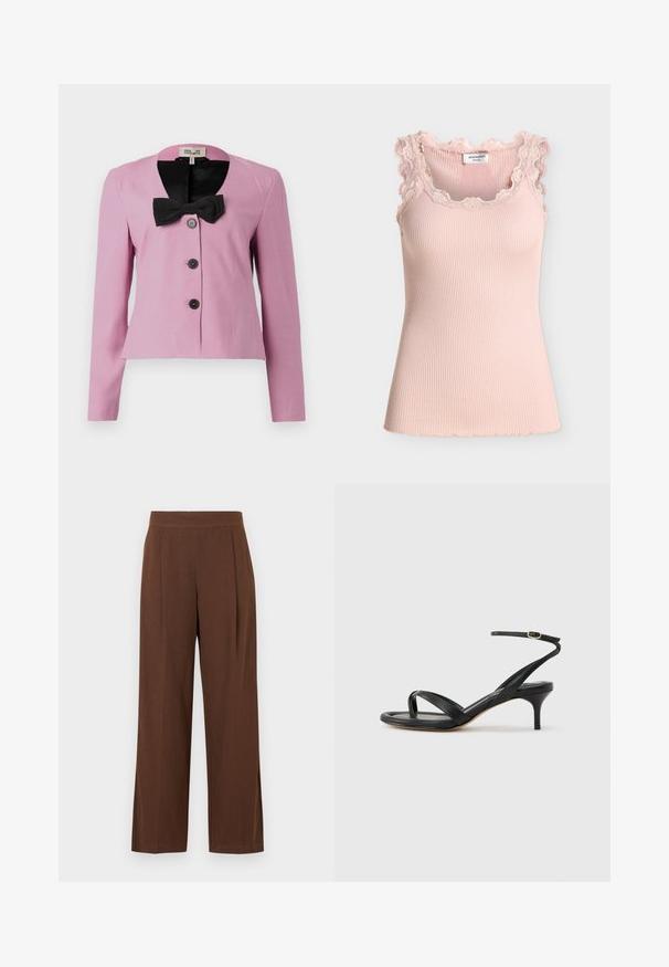 Lyserød cropped jakke med lange ærmer, sort sløjfe-detalje ved kraven og tre sorte knapper. Glat stof med en skræddersyet pasform.; Lyserød ribbet top med bølget blonderkant omkring halsudskæring og skuldre, ærmeløs og tætsiddende.; Brune vidde-bukser med en glat tekstur, der har en flad front og læg. Taljebåndet er elastisk for komfort og pasform.; Sort damesandal i læder med tynde remme, en tå-loop, ankelspænde og en mellemhøj stiletthæl på en neutral baggrund.