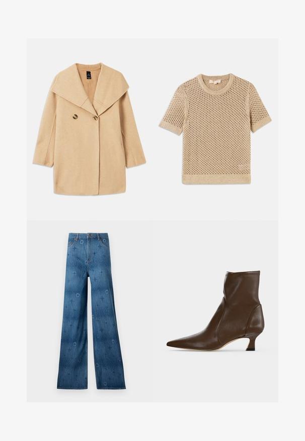Abrigo de mezcla de lana beige con un amplio cuello, cierre de doble botón y mangas tres cuartos. Tejido suave y texturizado con un corte entallado.; Suéter beige de manga corta, tejido con un punto suelto y abierto, con cuello redondo acanalado. Presenta un dobladillo recto y un patrón texturizado.; Jeans de denim de pierna ancha en azul oscuro, con un patrón sutil en todo el tejido y un diseño clásico de cinco bolsillos. La costura contrasta con la tela.; Botín de cuero marrón con punta puntiaguda y tacón bajo curvado sobre fondo claro.