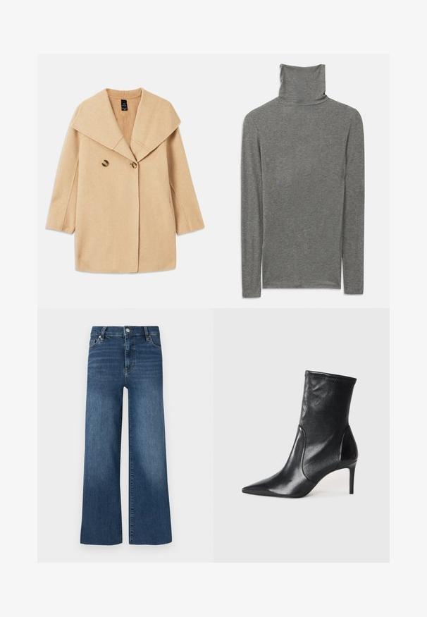 Abrigo de mezcla de lana beige con un amplio cuello, cierre de doble botón y mangas tres cuartos. Tejido suave y texturizado con un corte entallado.; Camisa de cuello alto de manga larga gris, confeccionada con una tela suave y texturizada. Presenta un diseño de cuello alto y una silueta ajustada.; Vaqueros de pierna ancha en lavado azul medio, con cierre de botón y cremallera, cinco bolsillos y detalles sutiles de costura.; Botas negras hasta el tobillo hechas de cuero suave, con punta afilada, caña ajustada y tacón alto delgado. Diseño minimalista sin herrajes visibles.
